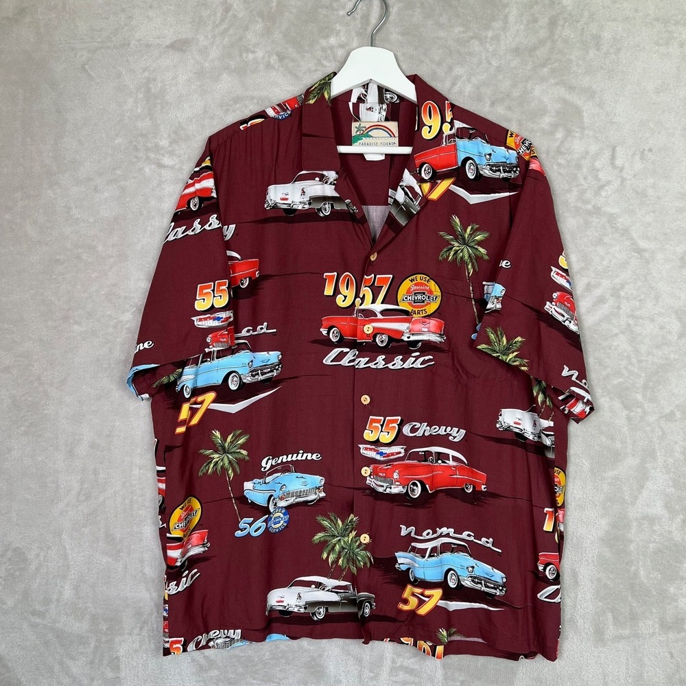 Paradise Found Maroon Classic‎ Chevy Cars Button Up Hawaiian Shirt Men's Large